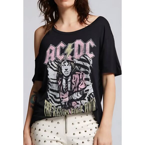 NEW Recycled Karma AC/DC Graphic Cold Shoulder Razor Edge Tour T-shirt Black XS - Picture 1 of 5